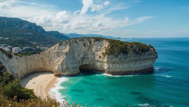 A boat sailing past white-washed villages on the Greek coast